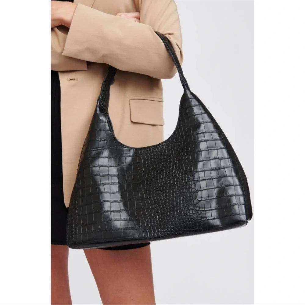 NWT Black Vegan Leather Croc Design Hobo - Picture 2 of 8